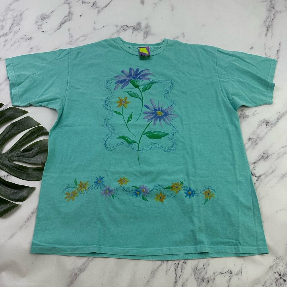 New Leaf Womens Vintage Oversize Tee Size XL Teal Blue Floral T-Shirt